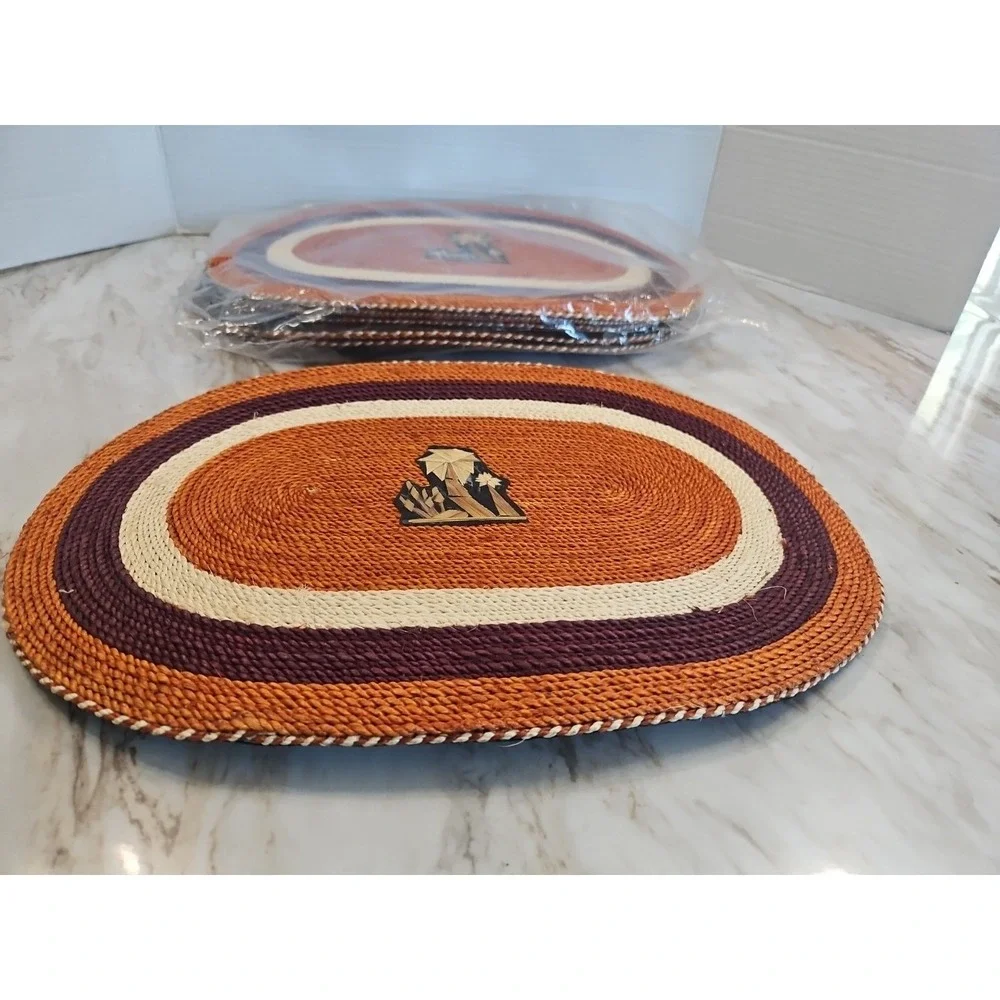 Vintage Boho Handmade Straw Woven Placemats Mexico Burnt Orange Decor